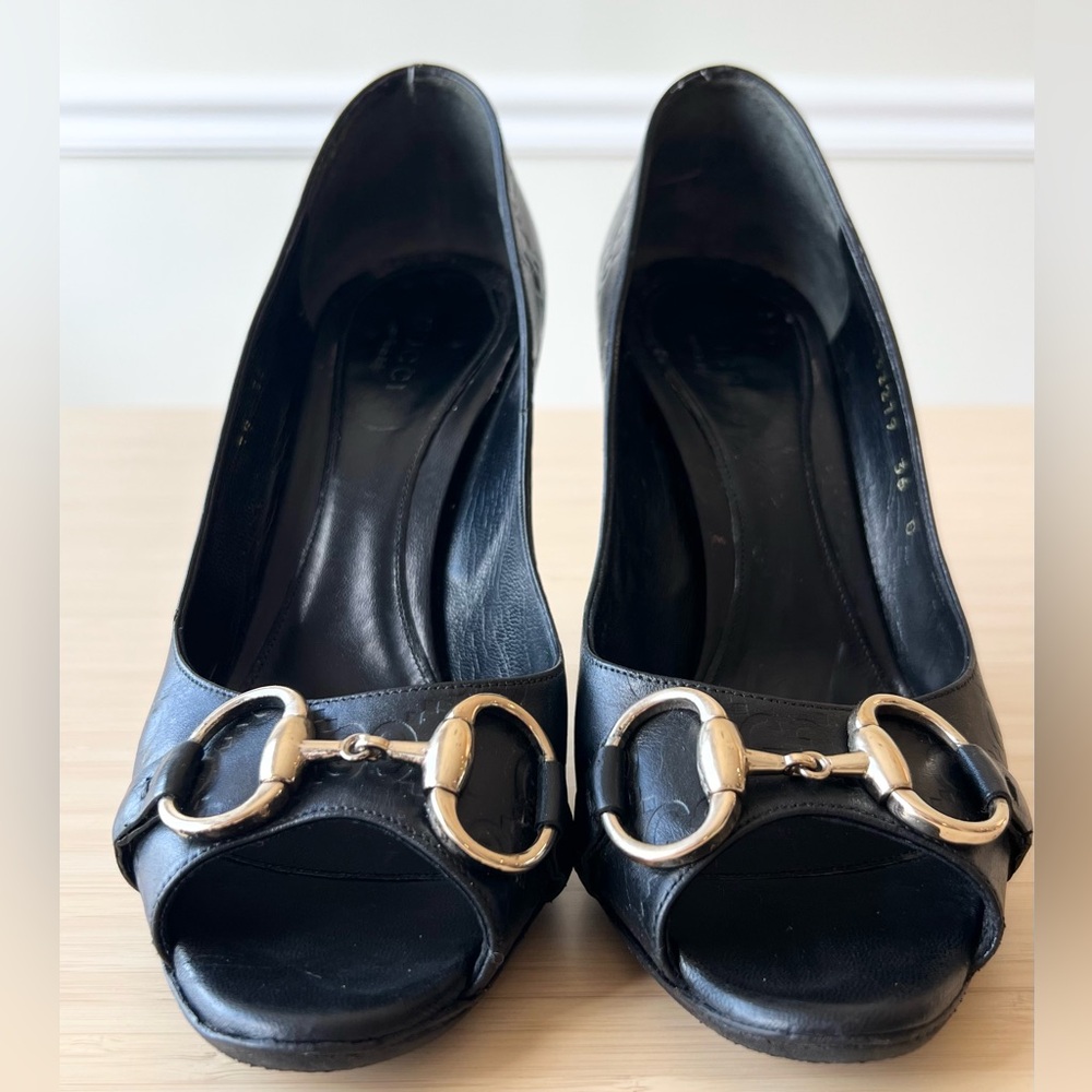 Gucci Black Guccissima Leather Peep Toe Heels